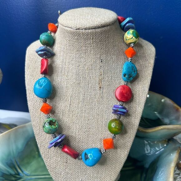 VTG Sterling Silver Multi- Genuine Stone Southwest Chunky Necklace 18” - Picture 1 of 4